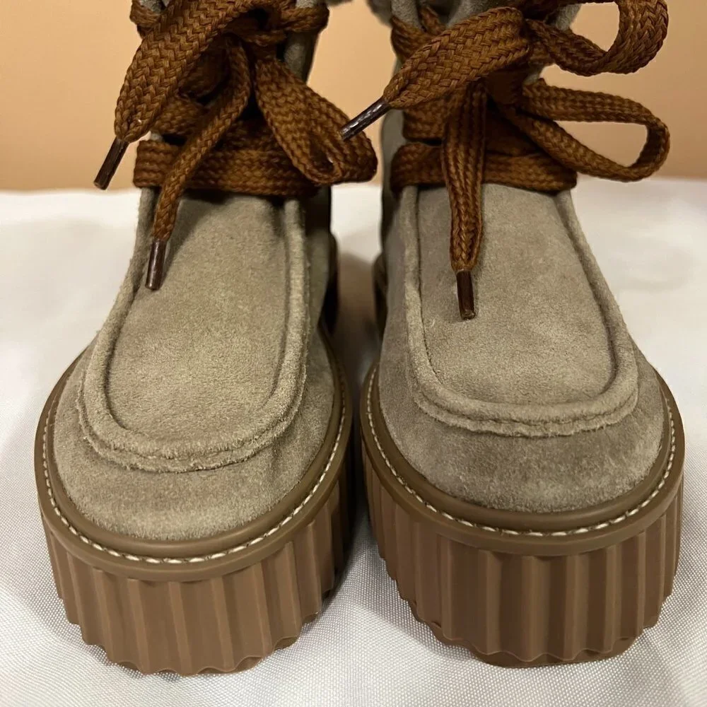 ASTER Dorit Boots Platform Suede Taupe Faux Alpaca Cream Lug Sole Women's 6 NWB